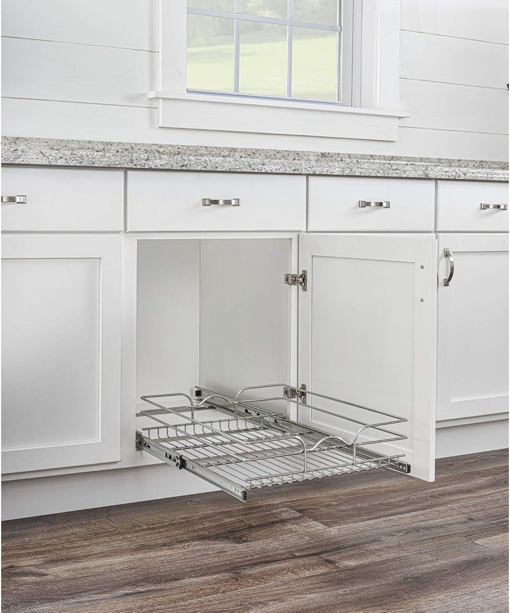 18 Inch x 20 Inch Single Wire Basket Pull Out Shelf Storage Organizer, Silver B248