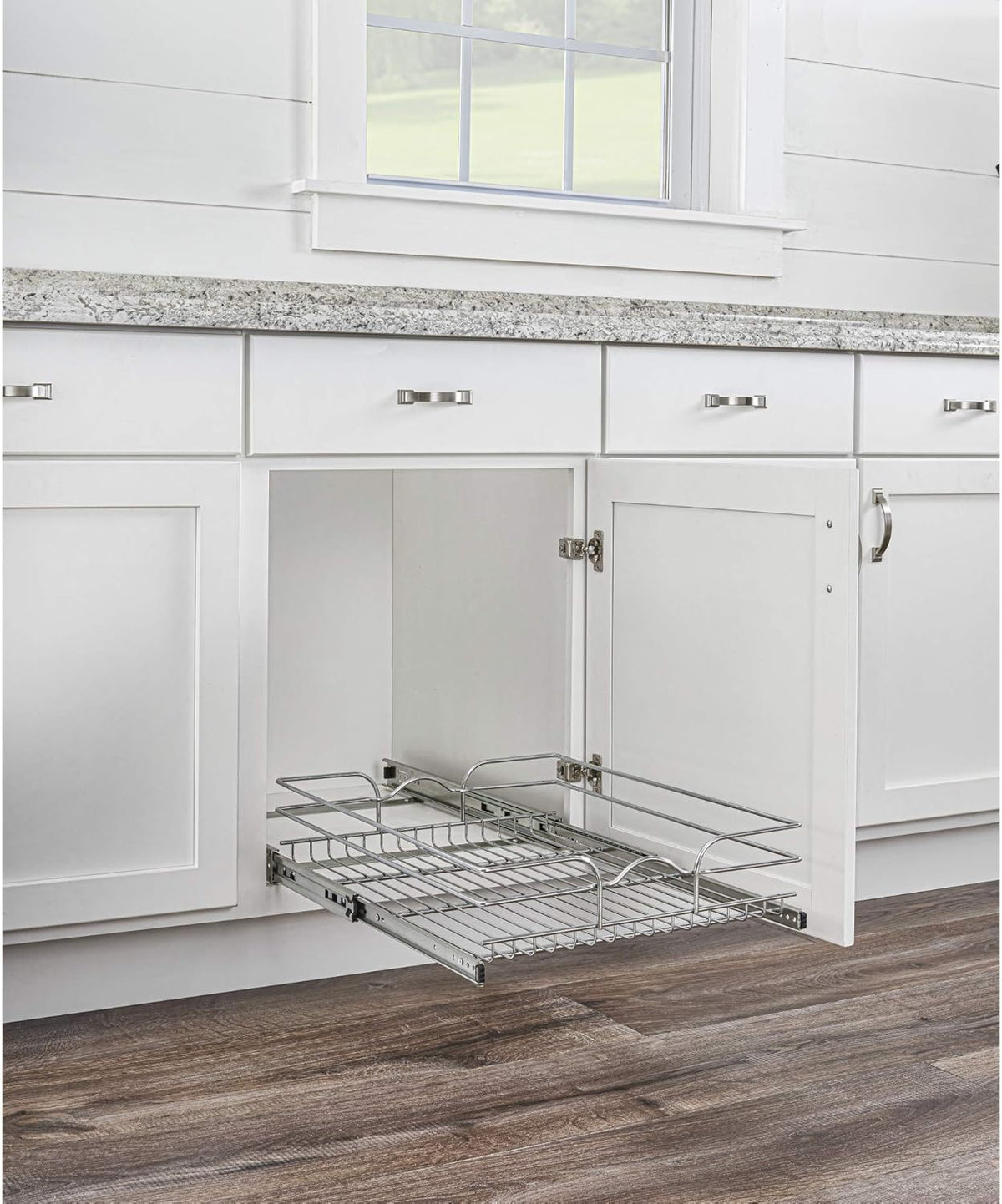 18 Inch x 20 Inch Single Wire Basket Pull Out Shelf Storage Organizer, Silver B248