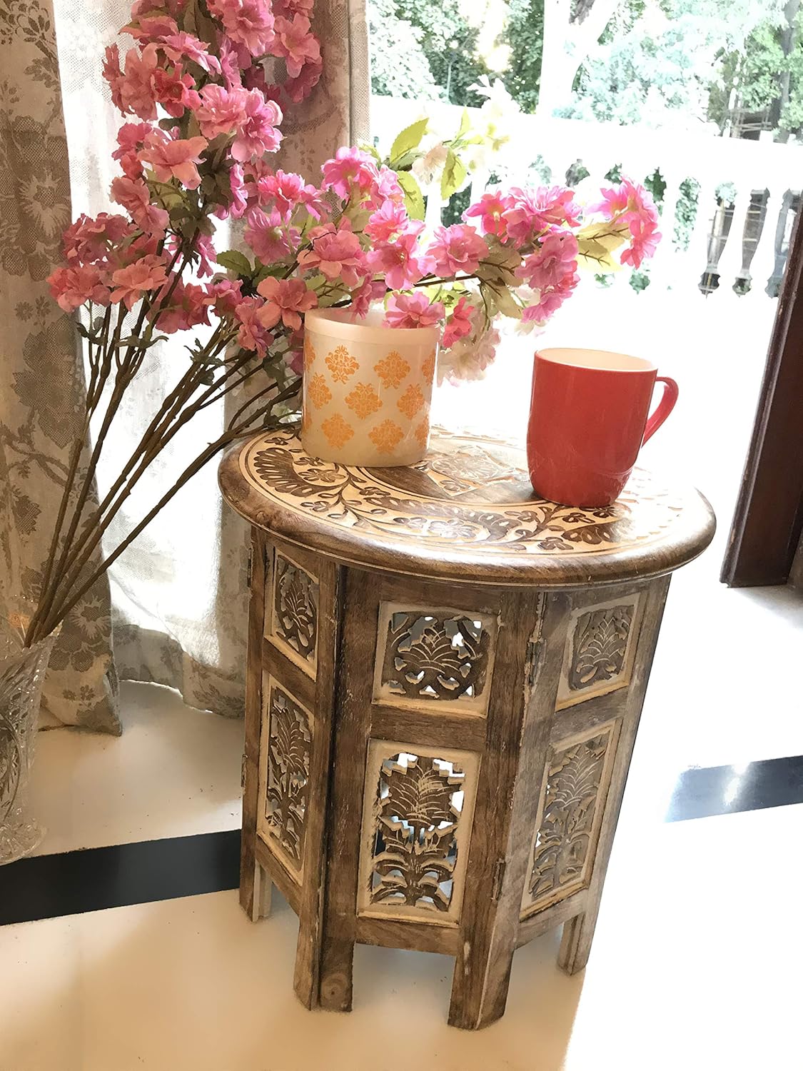 Small Rustic Wood Table Round White Side Coffee Accent F8226