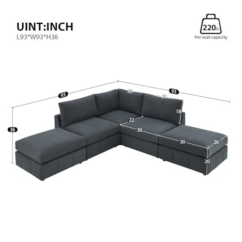Dark Grey Corduroy 5-Seat L Sectional Sofa with 2 Ottomans O7258