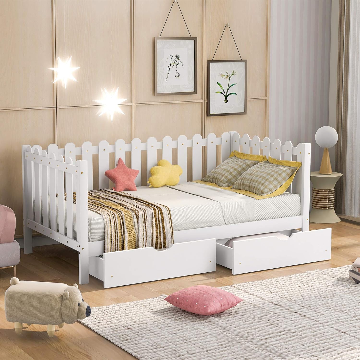 White Wooden Twin Size Daybed with 2 Drawers A360244