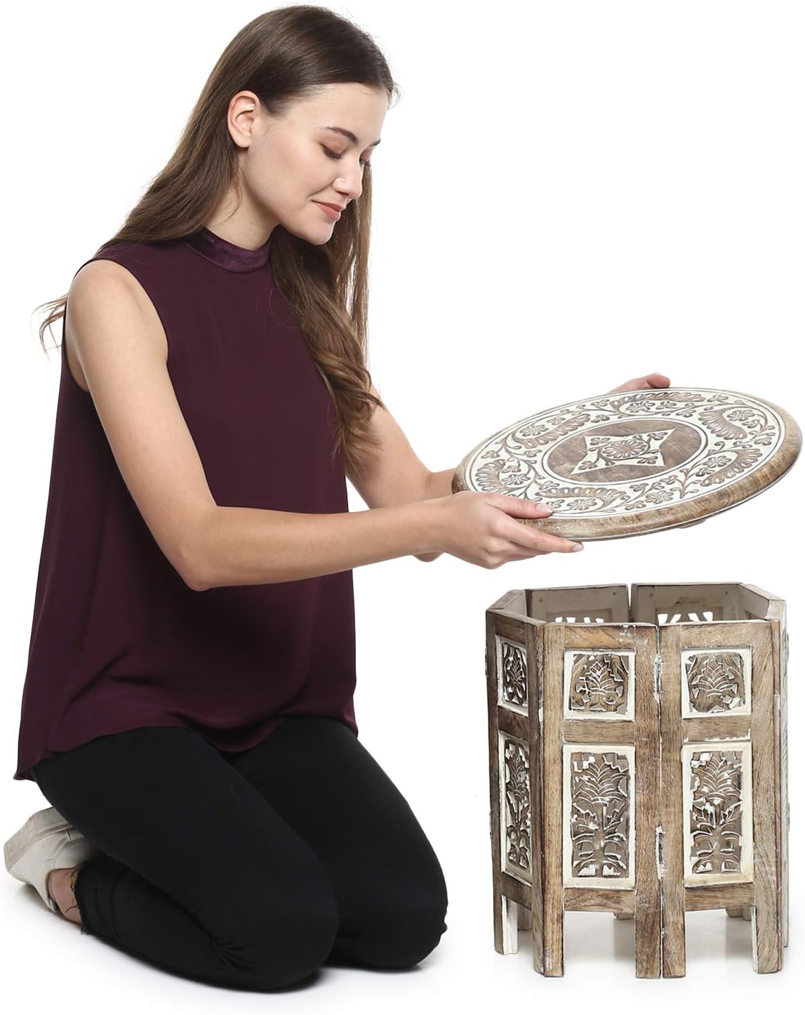Small Rustic Wood Table Round White Side Coffee Accent F8226