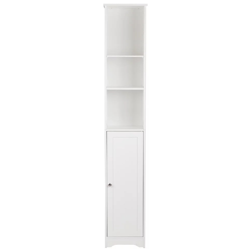 White Tall Narrow Bathroom Storage Cabinet with 3 Open Shelves and 1 Door Adjustable Shelf E277541