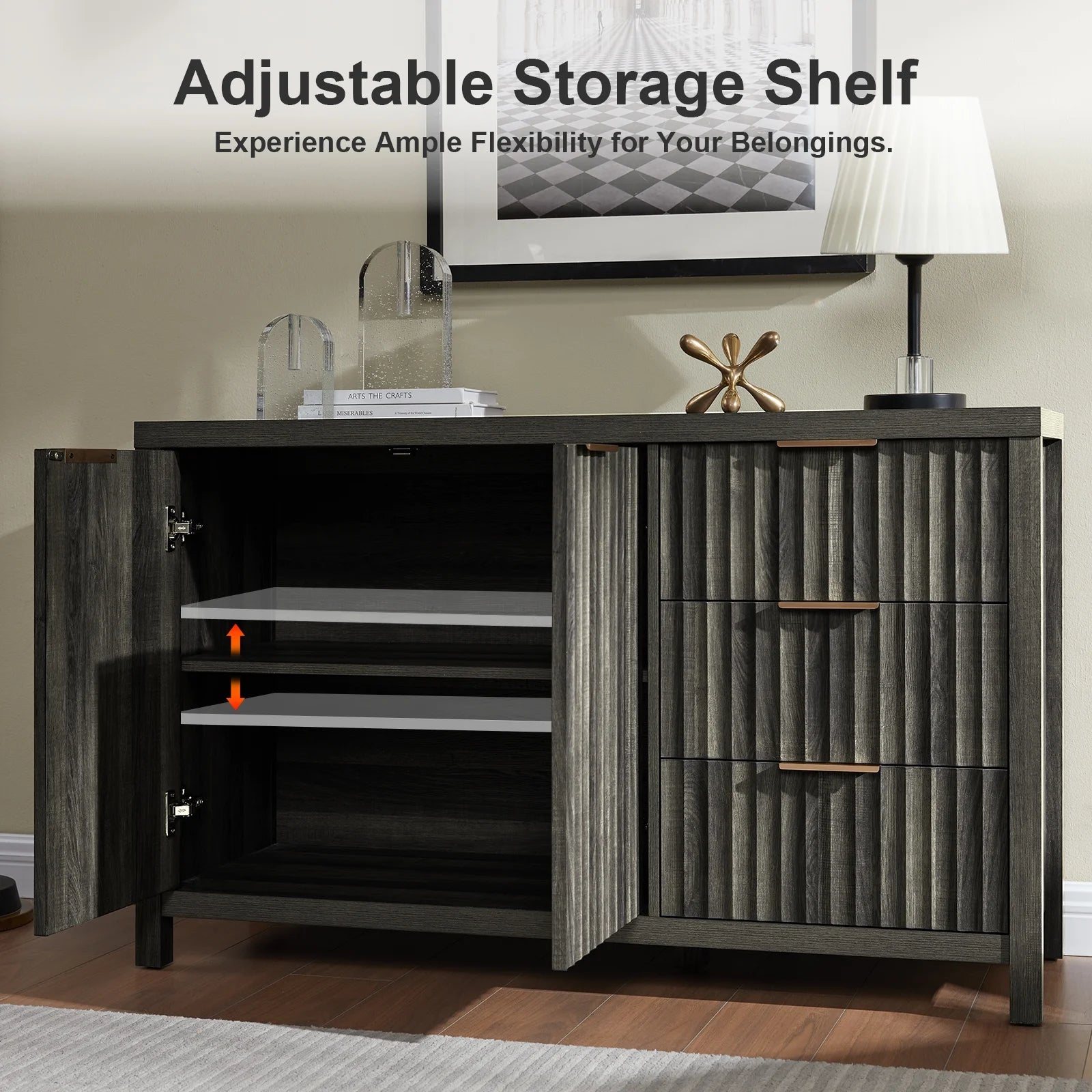 Black Oak Buffet Sideboard Storage Cabinet with Drawer and Doors A401