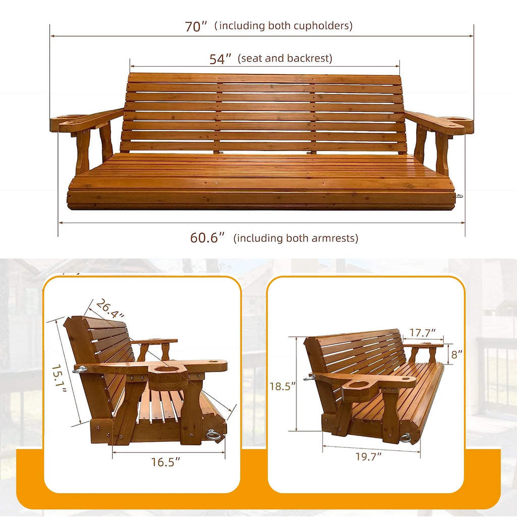 Brown Outdoor Wood Porch Swing with Cup Holders I2344