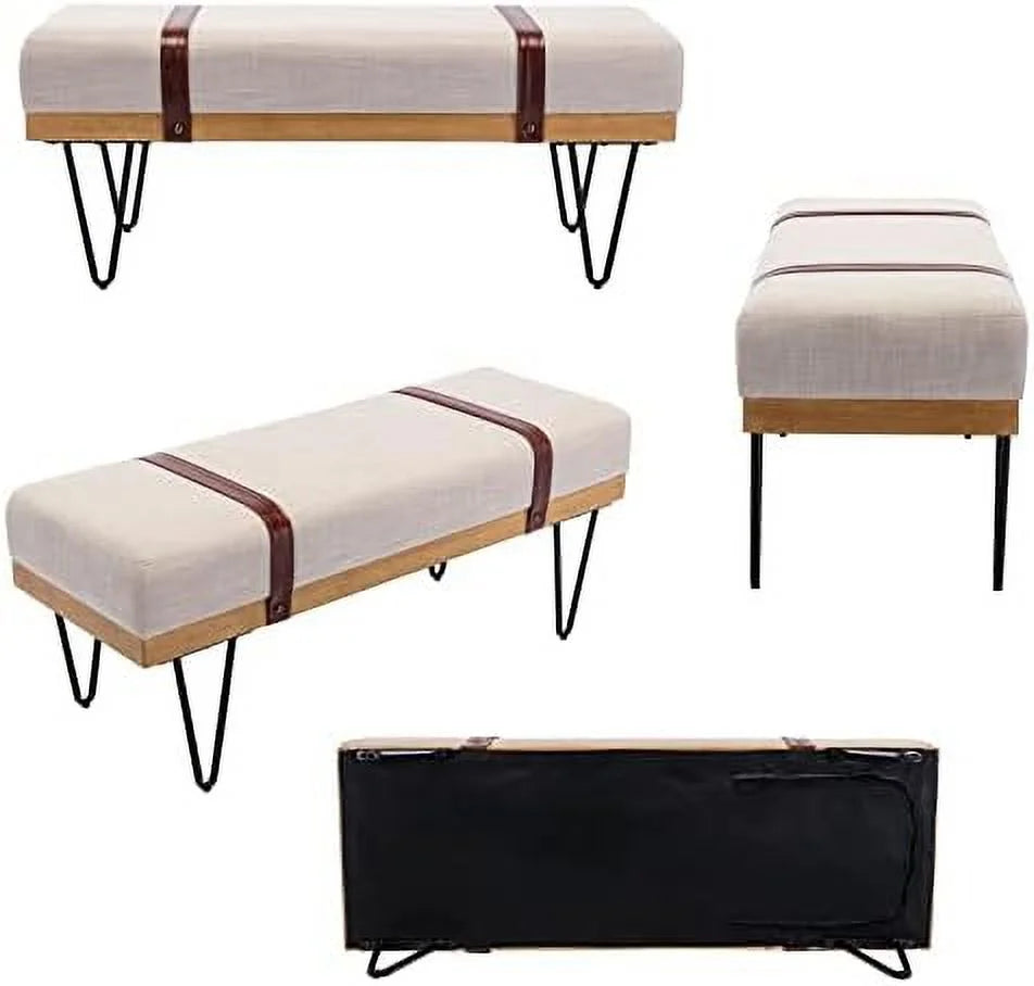Grey Chenille Rectangle Ottoman Bench with Arms and Metal Legs Z5844