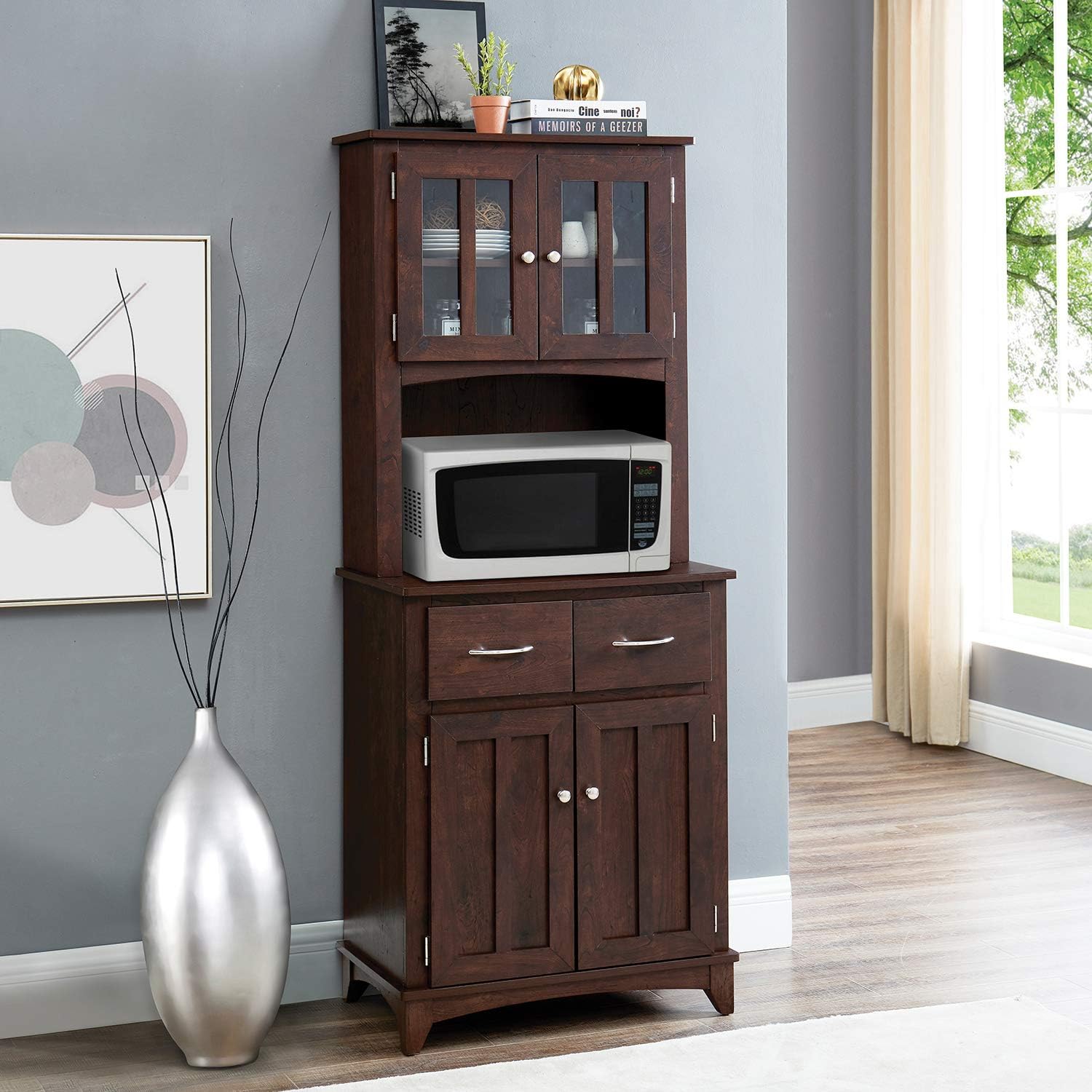 Charcoal Microwave Storage Stand with Double Door Top and Bottom Cabinets K12215