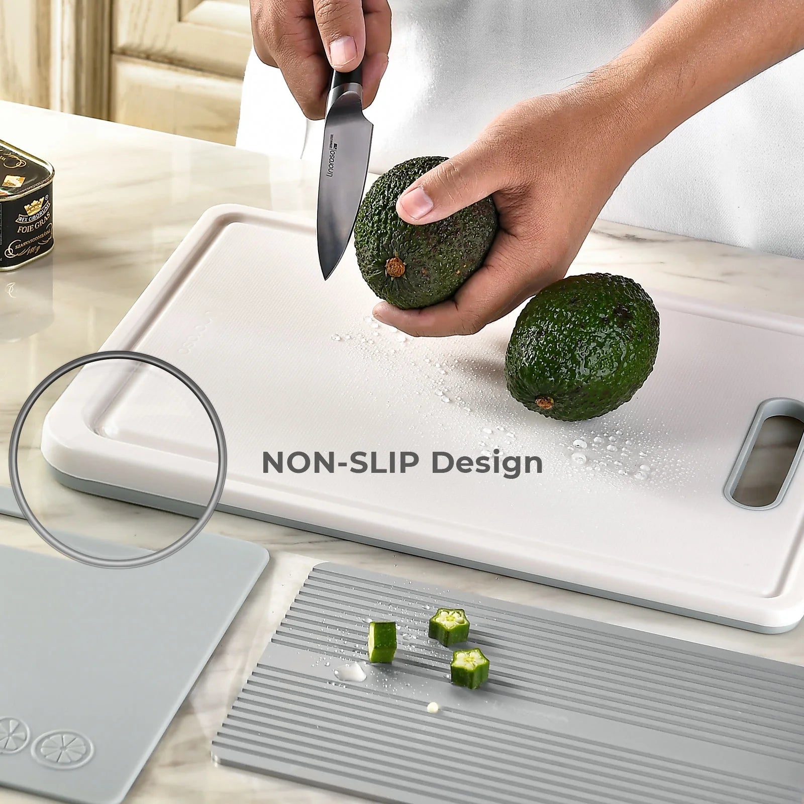 Chalk White Plastic Cutting Board Set with Defrosting Tray A8446