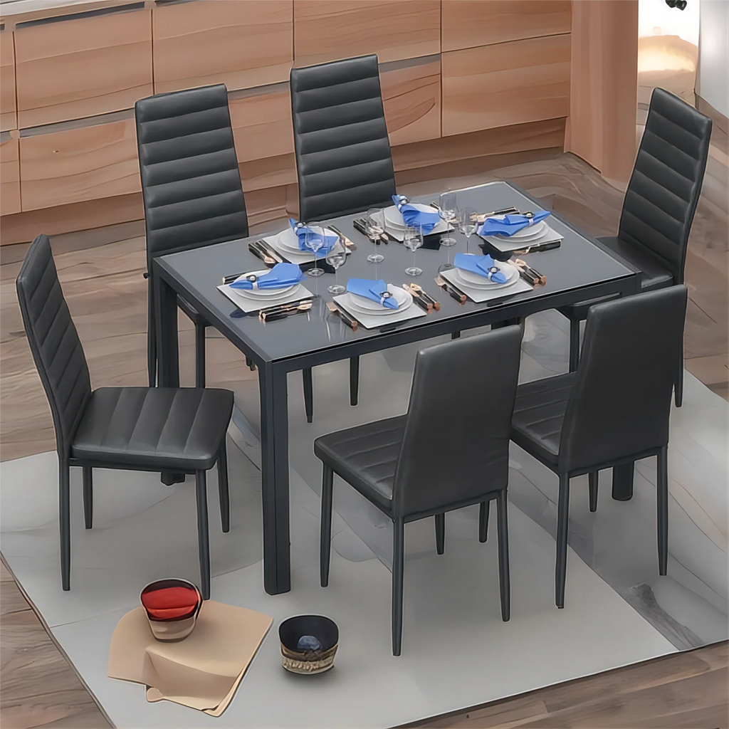 Black PU Leather Dining Table Set with 6 Chairs T89490