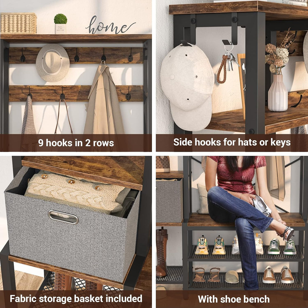 Rustic Brown Hall Tree with Storage Bench, Coat Rack, 5-Tier Shelves, Fabric Storage Basket, Side hooks, Metal Frame H709