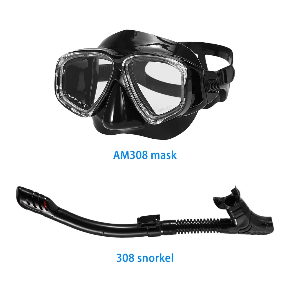 Freediving Snorkel Set with Tempered Glass Lens Goggles C652