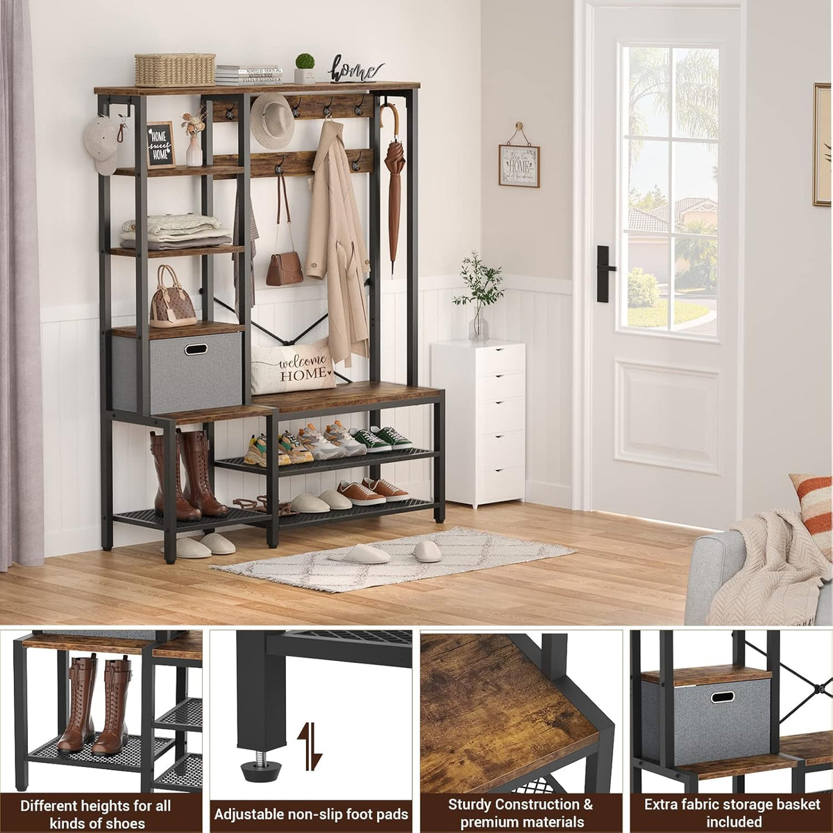 Rustic Brown Hall Tree with Storage Bench, Coat Rack, 5-Tier Shelves, Fabric Storage Basket, Side hooks, Metal Frame H709
