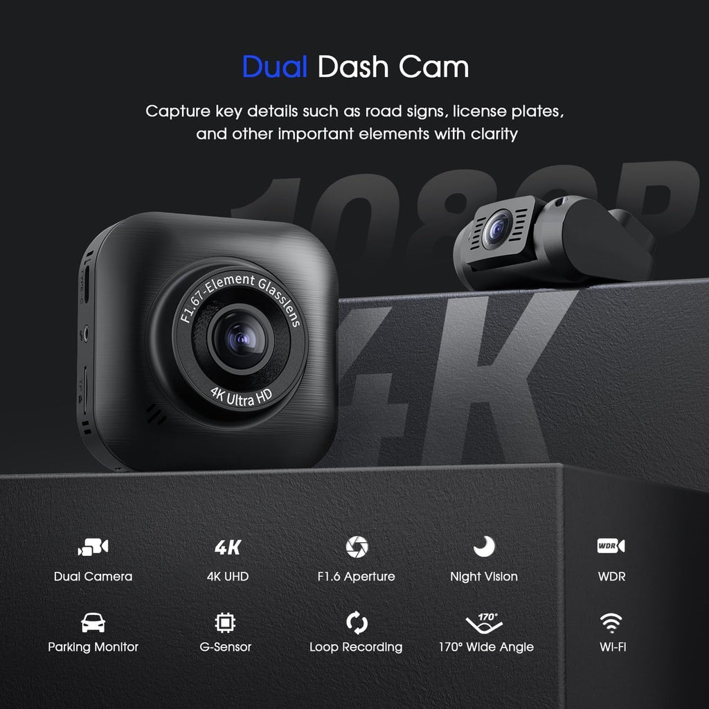 4K/1080P Wi-Fi Dual Dash Camera with IPS Screen, Night Vision, 170° Wide Angle J281889