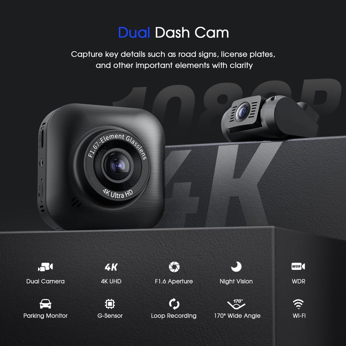 4K/1080P Wi-Fi Dual Dash Camera with IPS Screen, Night Vision, 170° Wide Angle J281889