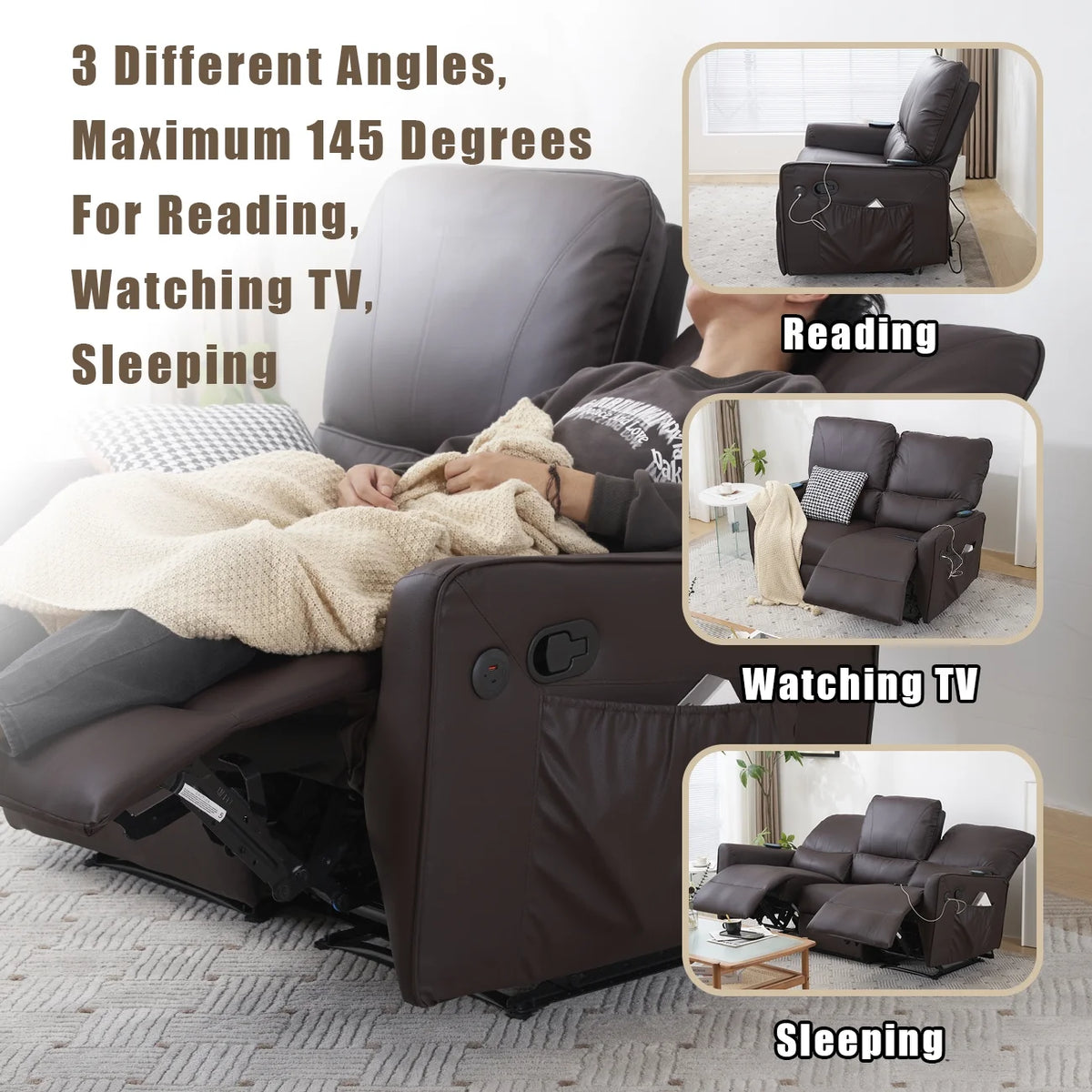Brown 2 Seater Power Recliner with Massage and Heat T64007