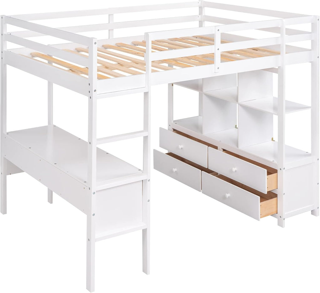 White Wooden Loft Bed with Built-in Desk and Two Drawers G63949