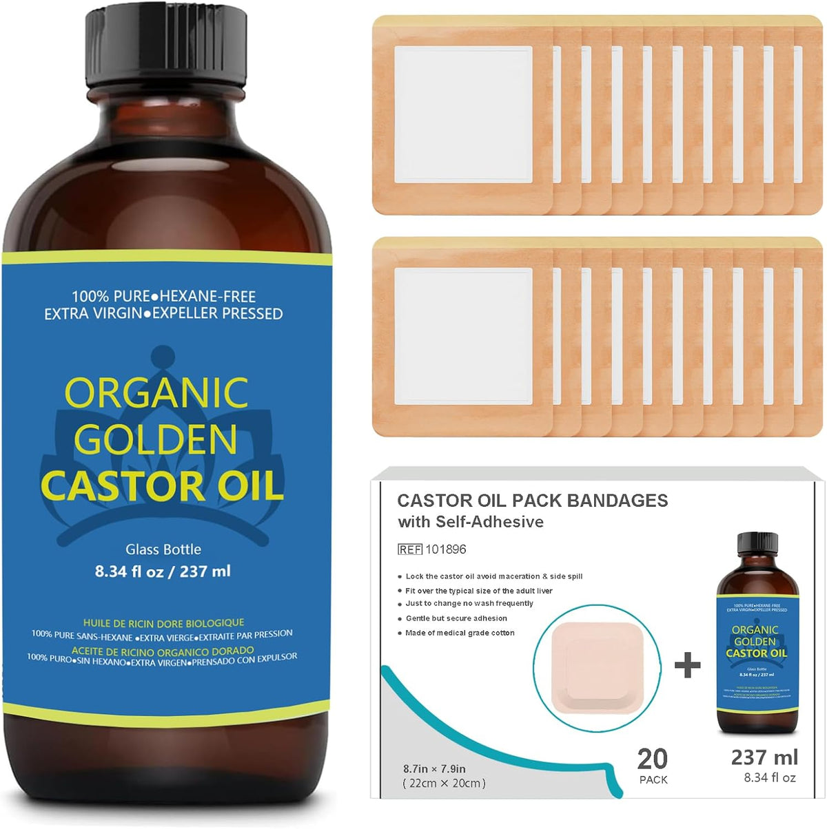 Castor Oil Organic Cold Pressed Unrefined in Glass Bottle (8fl.oz/237ml), 20Pcs Self-Adhesive Castor Oil Pack Wrap Kits V599273