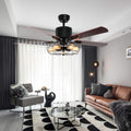 Retro Industrial Ceiling Fan Light with Iron Cage Cover Pull Chain Remote and 5 Reversible Wood Leaves 52Inch U329716
