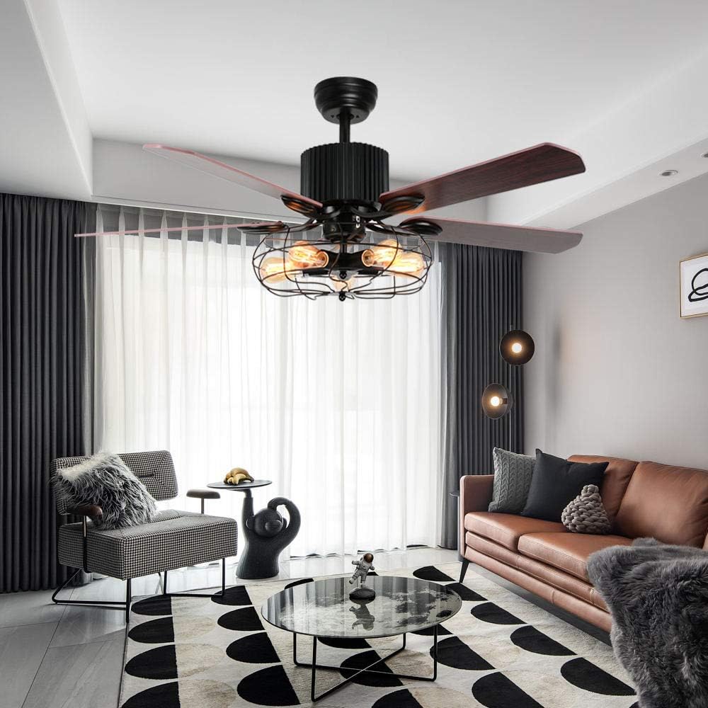 Retro Industrial Ceiling Fan Light with Iron Cage Cover Pull Chain Remote and 5 Reversible Wood Leaves 52Inch U329716
