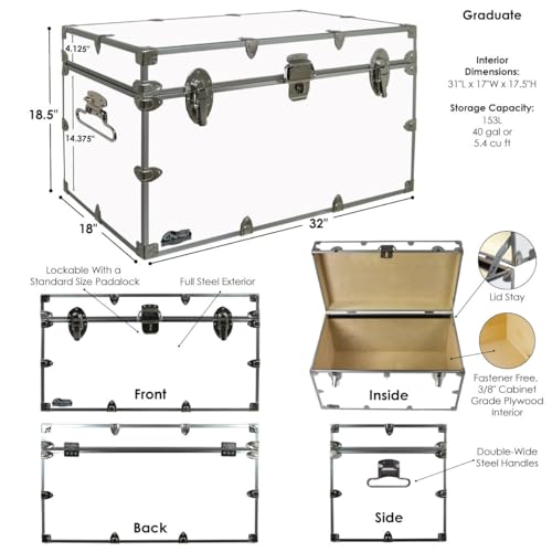 XL Graduate Storage Trunk w/Tray - STEEL Footlocker - 32 x 18 x 18.5 Inches (White) X7552