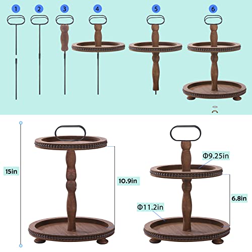 Dark Brown Wooden Two Tiered Serving Tray with Metal Handle M58179