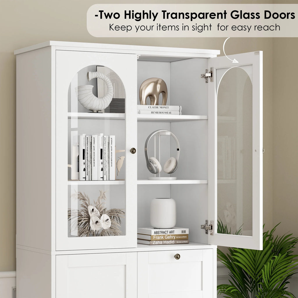 White 70.9" Bathroom Cabinet with Glass Doors and 4 Drawers R2655