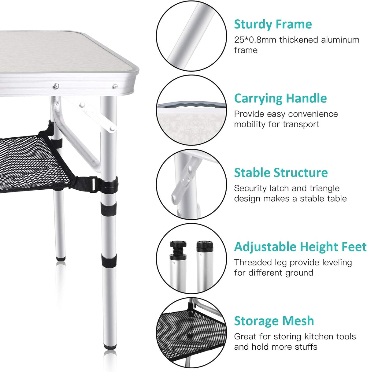 Folding Camping Table with Storage, Height Adjustable Aluminum Camp Table X27212