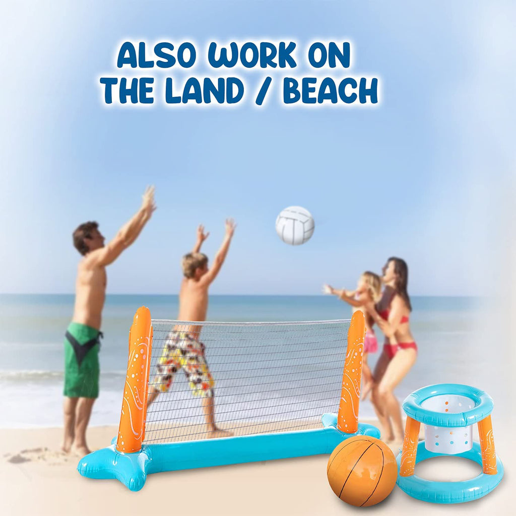 Inflatable Pool Float Set with Volleyball Net, Basketball, Balls R354707