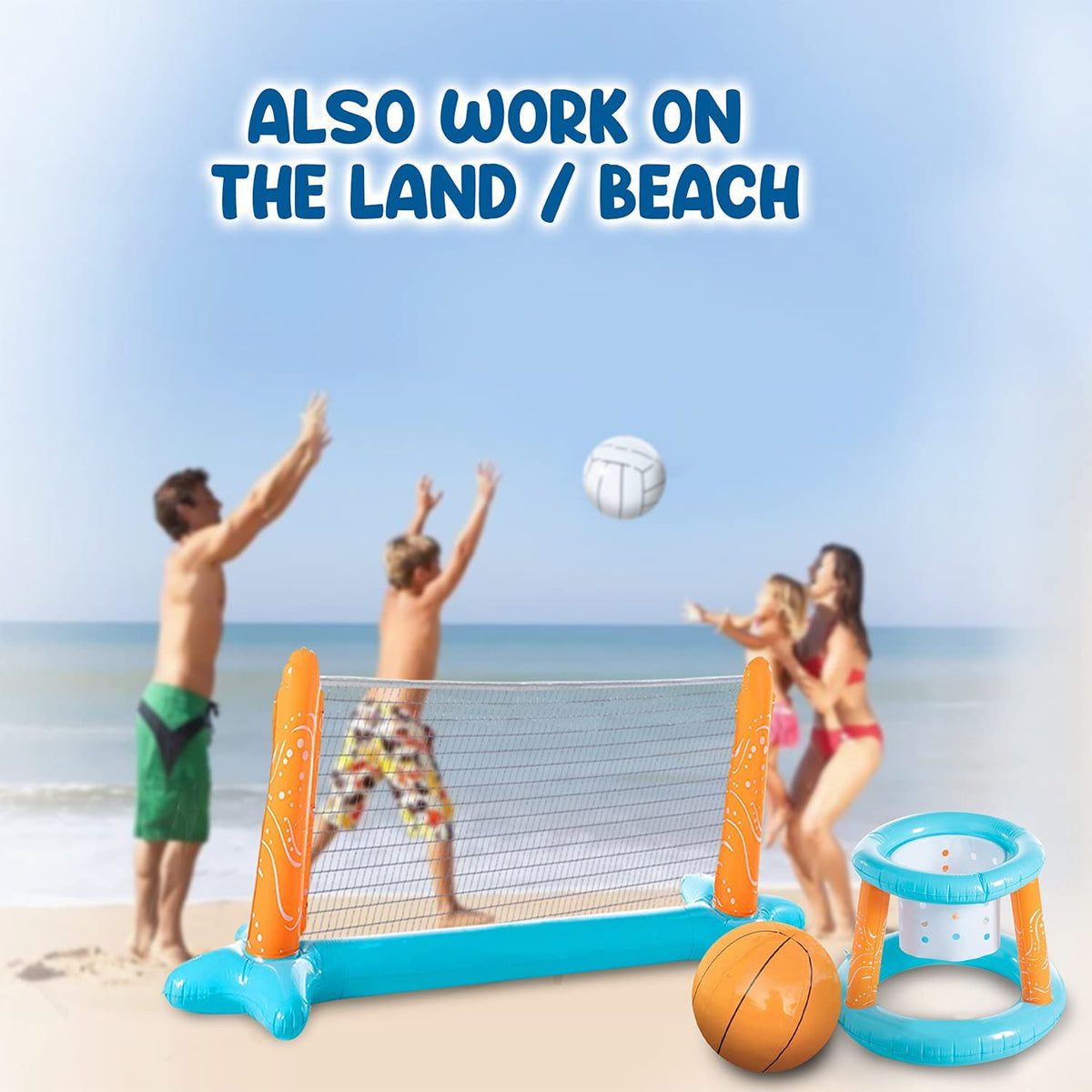 Inflatable Pool Float Set with Volleyball Net, Basketball, Balls R354707
