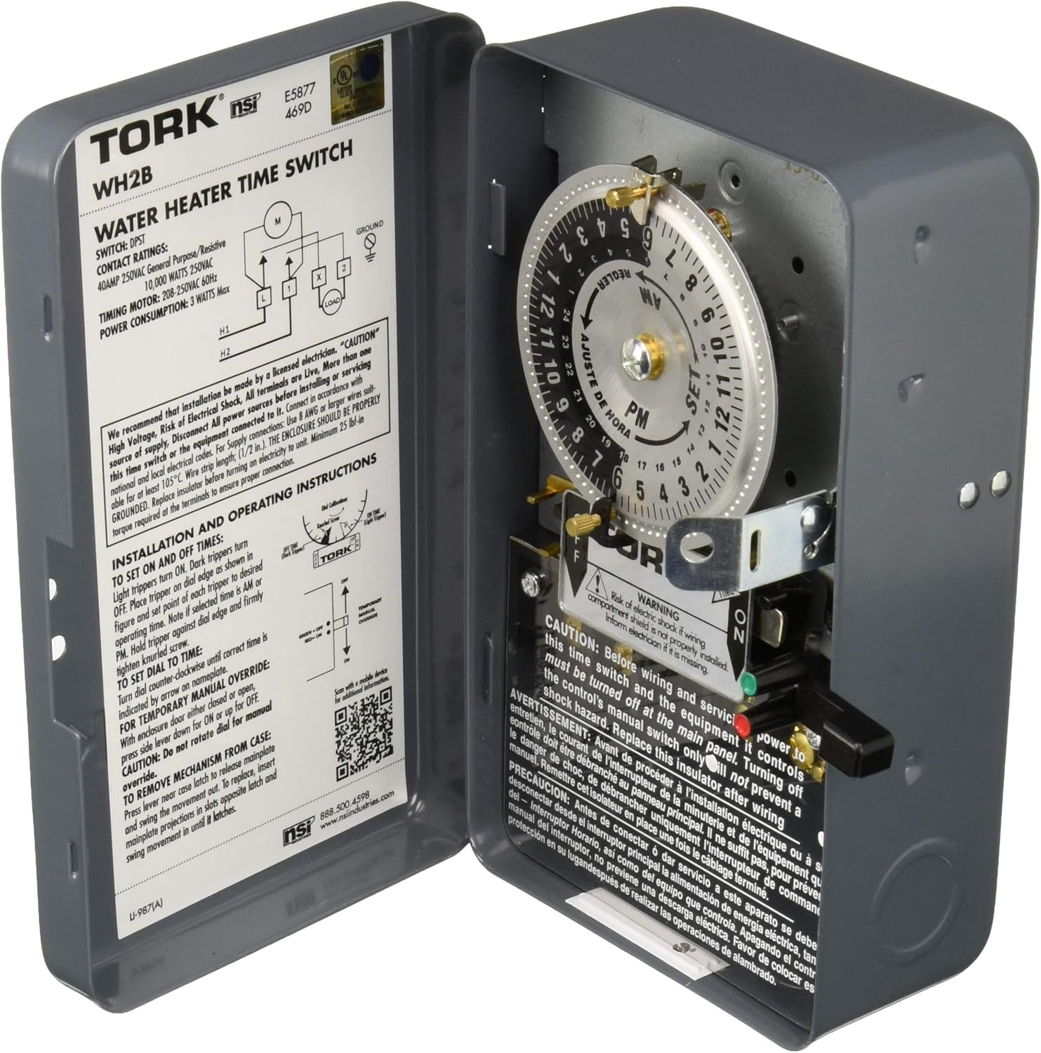 Mechanical Water Heater Time Switch, 24-Hour, 208/250V, 40A, DPST, Gray, Pack of 2 R595180