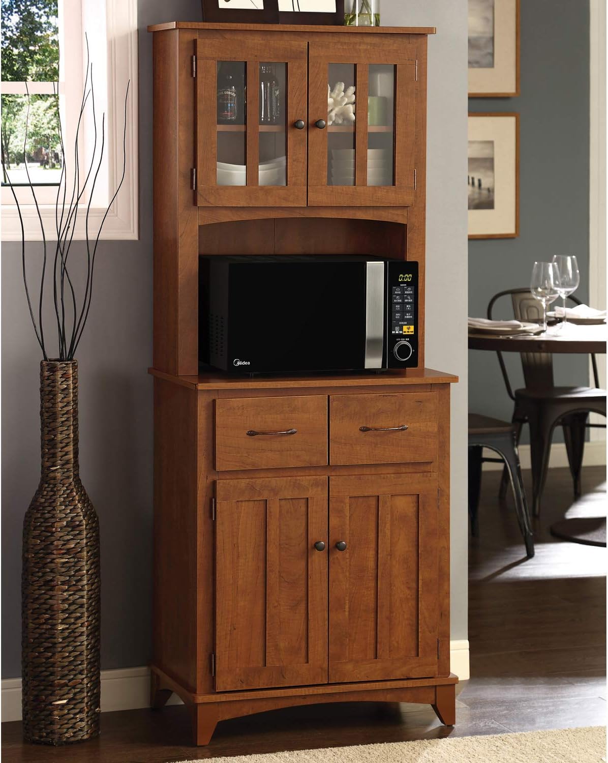 Charcoal Microwave Storage Stand with Double Door Top and Bottom Cabinets K12215