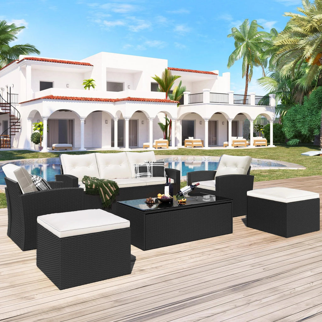 6-piece All-Weather Wicker PE Rattan Patio Outdoor Dining Conversation Sectional Set with Coffee Table, Wicker Sofas, Ottomans, Removable Cushions F15290