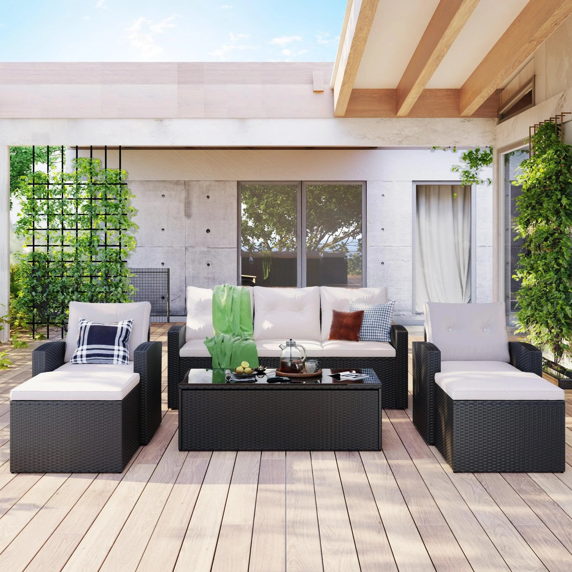 6-piece All-Weather Wicker PE Rattan Patio Outdoor Dining Conversation Sectional Set with Coffee Table, Wicker Sofas, Ottomans, Removable Cushions F15290