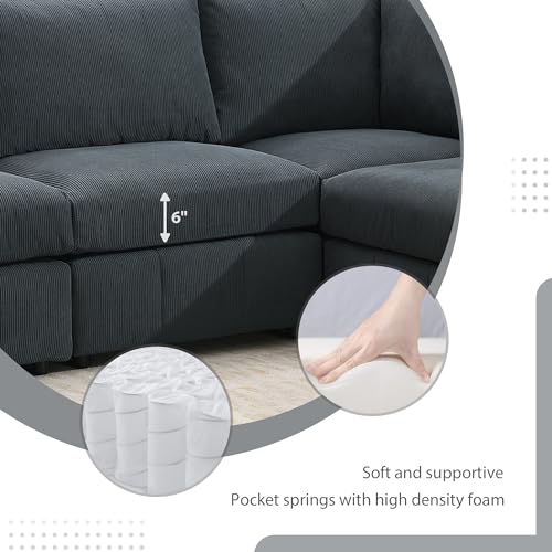 Dark Grey Corduroy 5-Seat L Sectional Sofa with 2 Ottomans O7258
