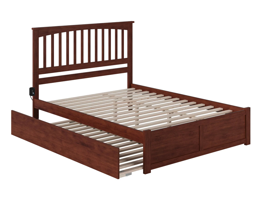 Solid Wood Platform Bed with Footboard and Twin XL Trundle in Walnut Y244473