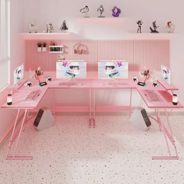 Pink 47 Inch L Shaped Computer Desk with Carbon Fiber Surface B702350