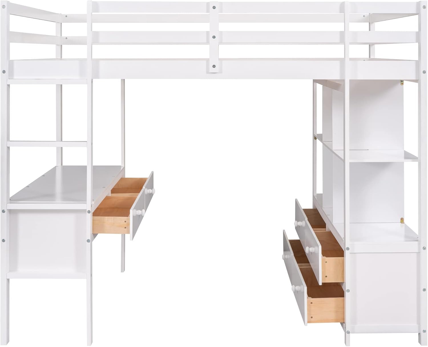 White Wooden Loft Bed with Built-in Desk and Two Drawers G63949