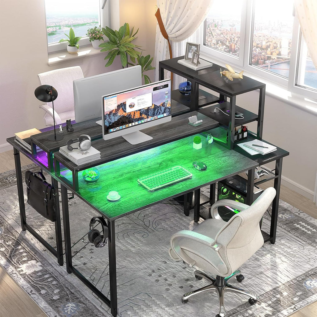 Grey Gaming Desk with LED and Storage Shelves G603541