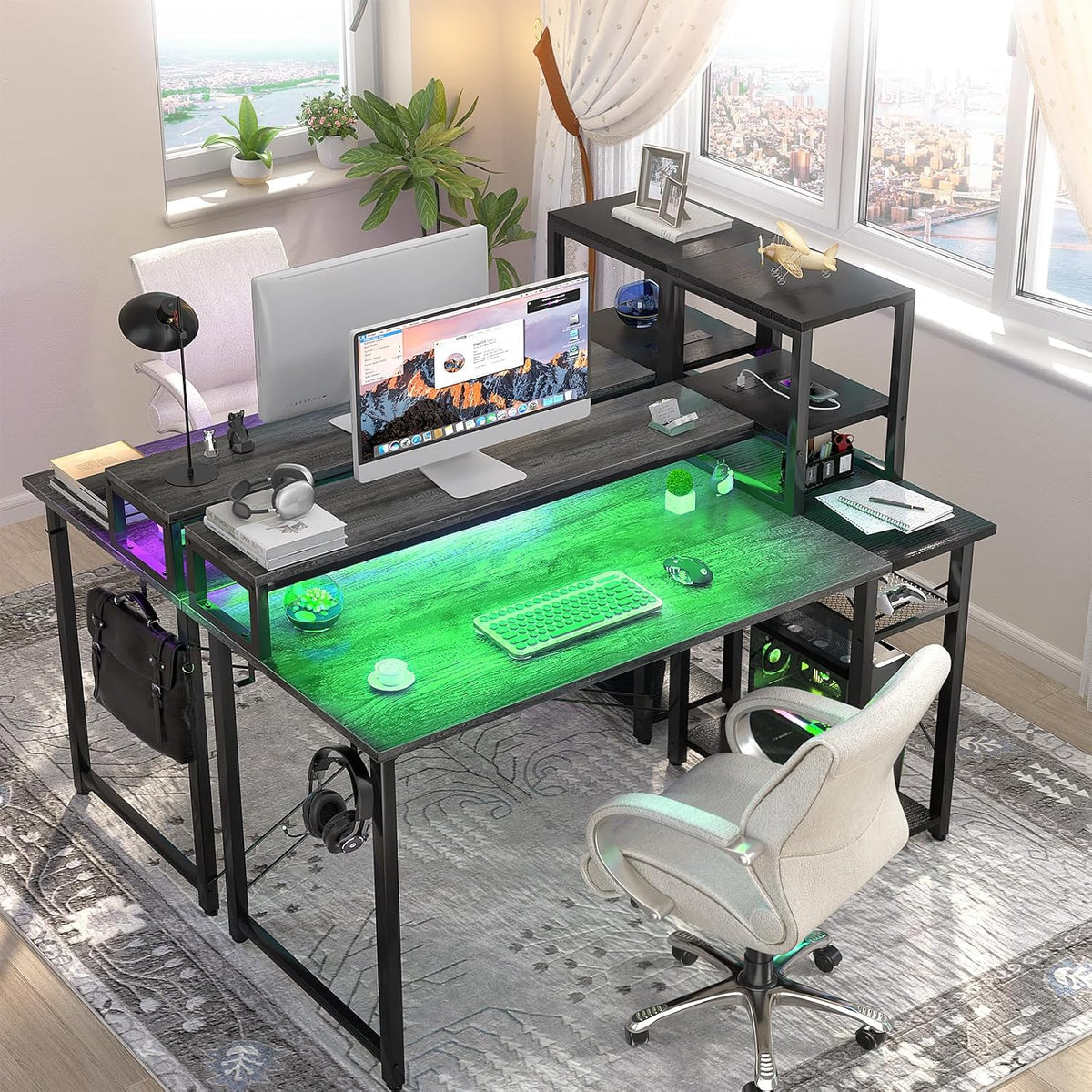 Grey Gaming Desk with LED and Storage Shelves G603541