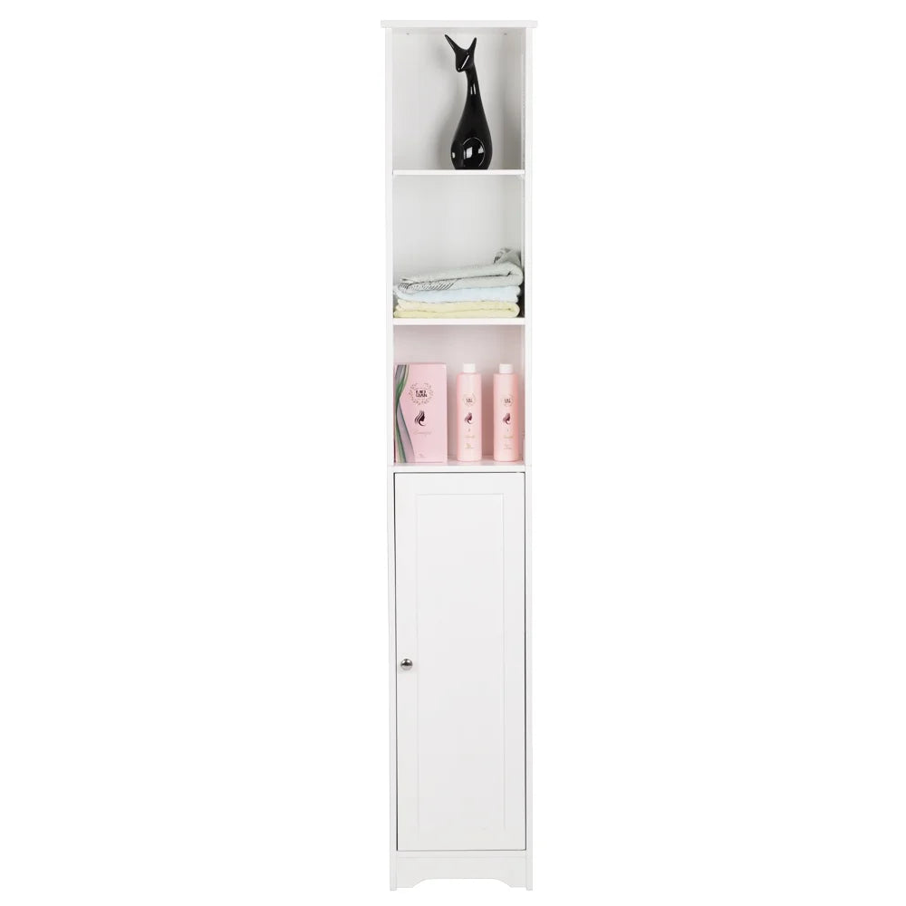 White Tall Narrow Bathroom Storage Cabinet with 3 Open Shelves and 1 Door Adjustable Shelf E277541