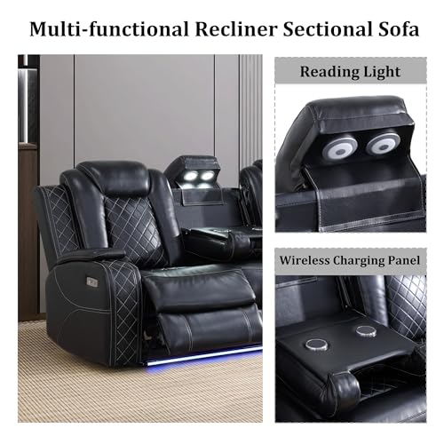 Black 6 Seat Power Reclining Sectional Sofa with LED Light Z3715