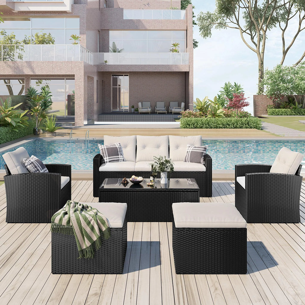 6-piece All-Weather Wicker PE Rattan Patio Outdoor Dining Conversation Sectional Set with Coffee Table, Wicker Sofas, Ottomans, Removable Cushions F15290