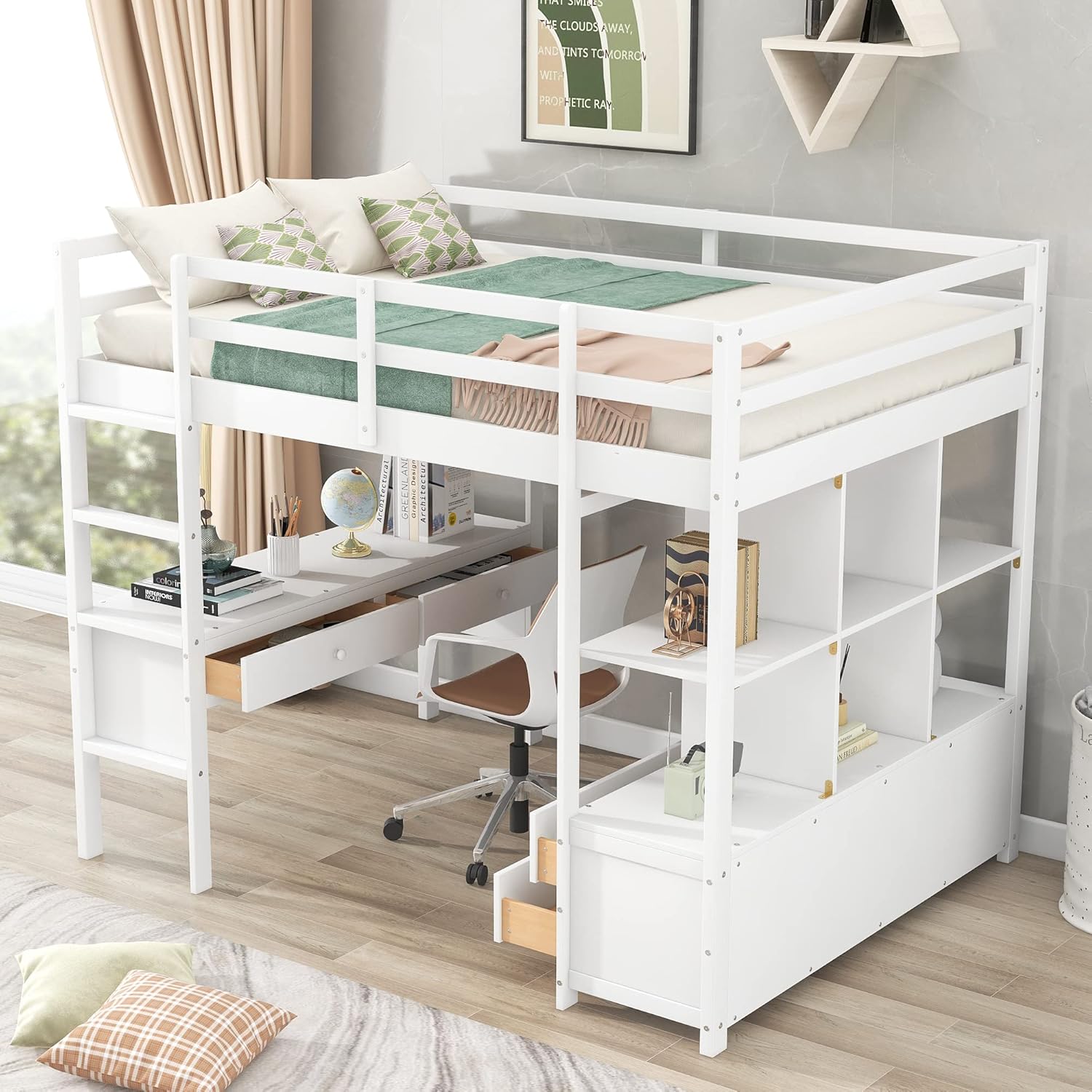 White Wooden Loft Bed with Built-in Desk and Two Drawers G63949