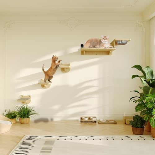 Cat Wall Shelves with 3 Steps and 2 Food Bowls B223319