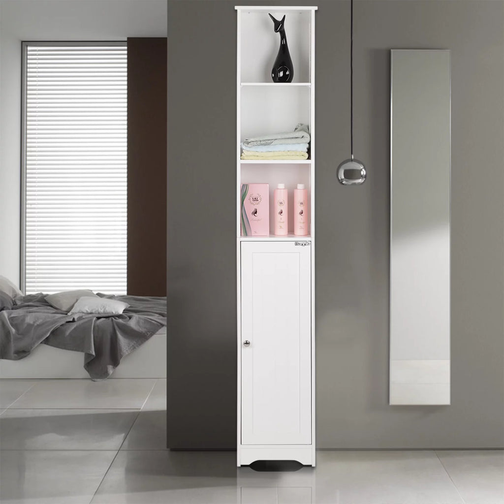White Tall Narrow Bathroom Storage Cabinet with 3 Open Shelves and 1 Door Adjustable Shelf E277541