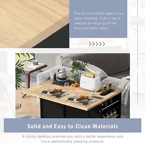 White Kitchen Island with Storage, Drop Leaf, Power Outlet, 2 Drawers, Wine Rack, Spice Rack B486