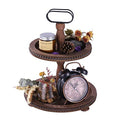 Dark Brown Wooden Two Tiered Serving Tray with Metal Handle M58179