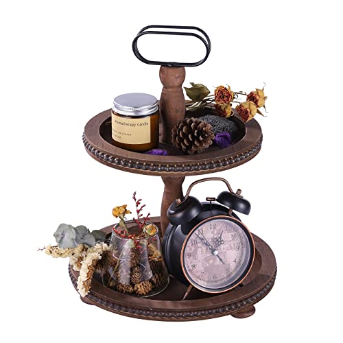 Dark Brown Wooden Two Tiered Serving Tray with Metal Handle M58179