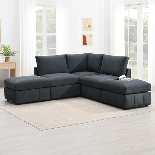 Dark Grey Corduroy 5-Seat L Sectional Sofa with 2 Ottomans O7258