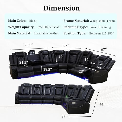 Black 6 Seat Power Reclining Sectional Sofa with LED Light Z3715